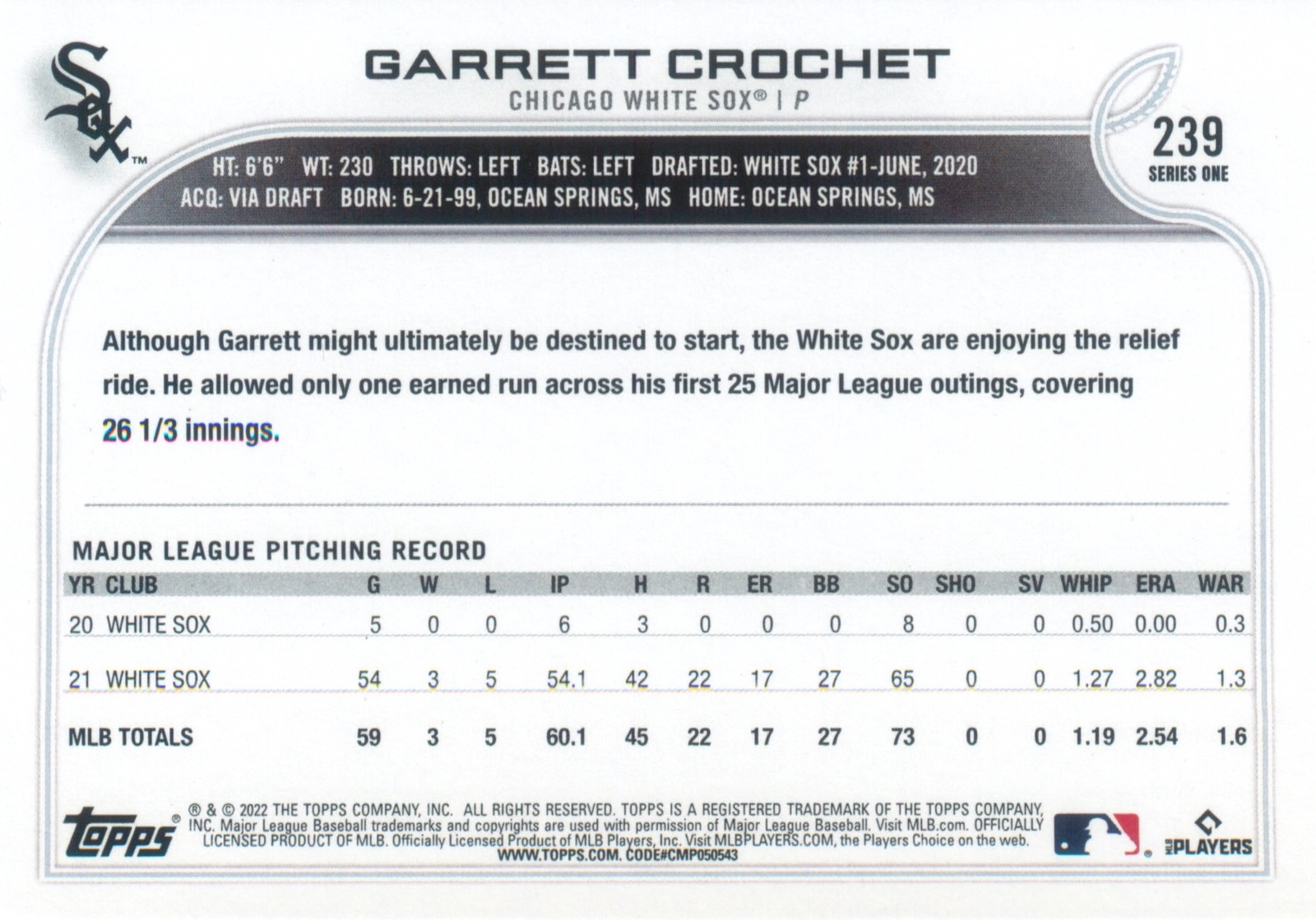 Garrett Crochet 2022 Topps Series 1 Baseball Card #239 Chicago 