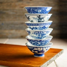 6 Vintage Japanese Blue White Porcelain Footed Rice Soup Bowls EXCELLENT