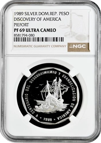 Dominican Republic 1 peso 1989, NGC PF69 UC PIEFORT, "Sailship Landing"TopPop1/0