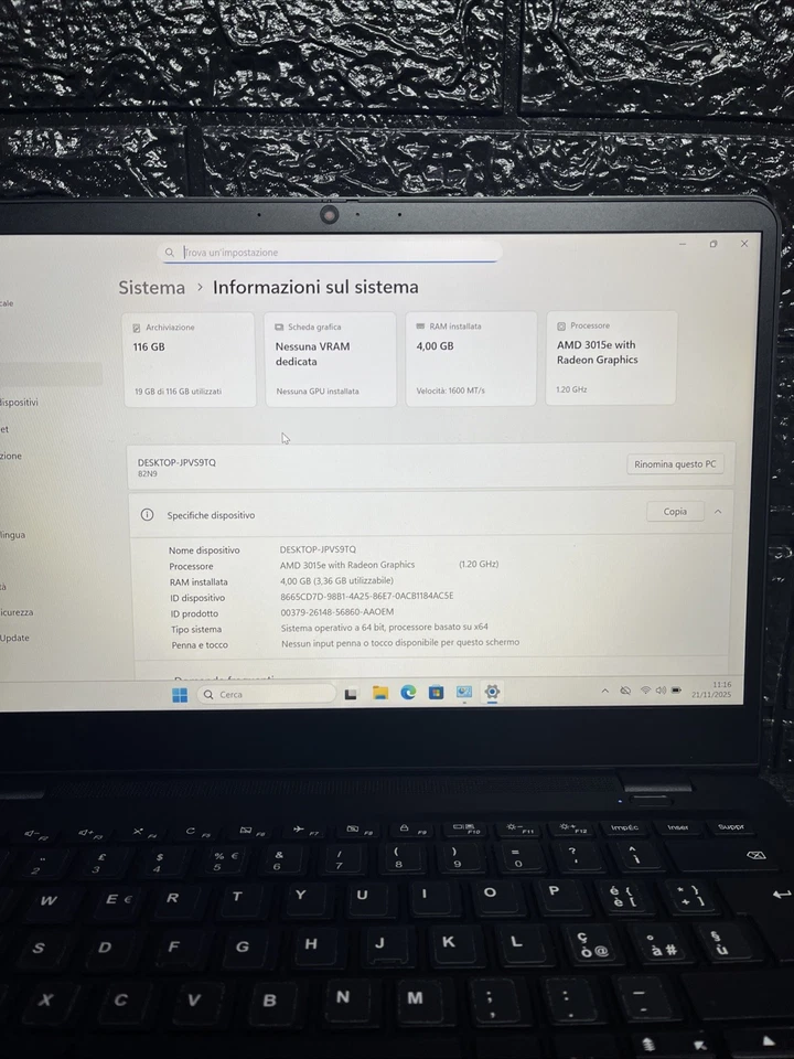 Notebook Lenovo 2023 (AMD 3015 Ssd 128gb 4gb ram ) Windows 11 Pro - Immagine 3 di 4