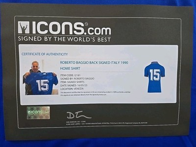 Roberto Baggio Signed 1990 Signed Back Italy #15 Home Jersey Icons