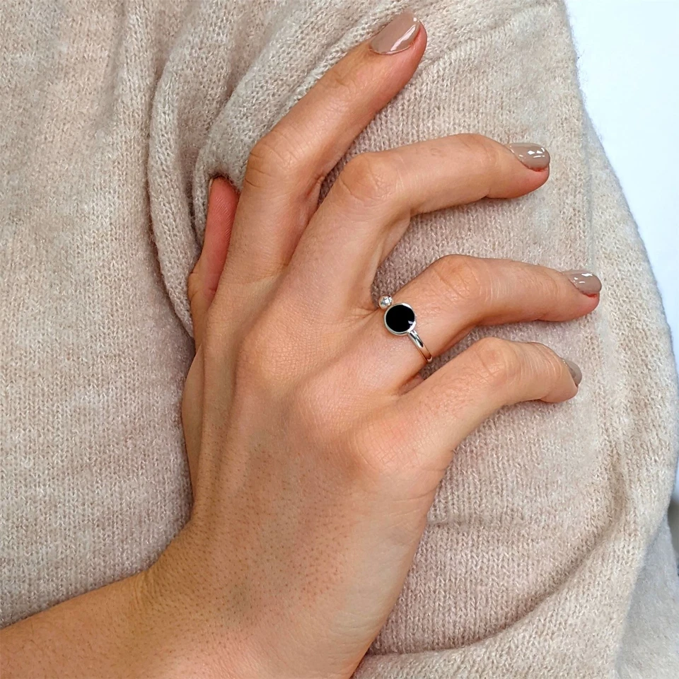 81stgeneration Anello Impilabile Aperto Onice Rotonda Argento Sterling .925 - Immagine 2 di 4