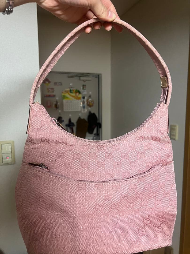 GUCCI GG Canvas Leather Shoulder Bag Pink Zip Closure Vintage From