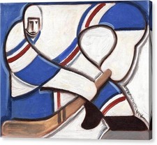 Ice Hockey Figure Holding Stick Vintage-inspired Player in Blue White Uniform