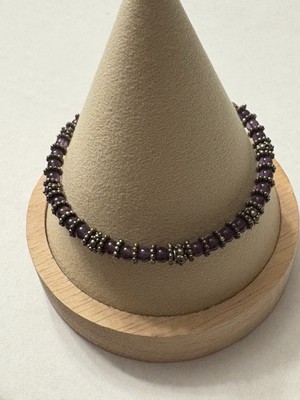 Amethyst & Sterling Silver 925 Beaded Bracelet ~8  Purple Unique Textured Silver