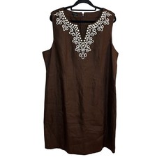 Talbots 100% Linen Sheath Midi Dress Brown Plus Size 18 Beaded Business Casual