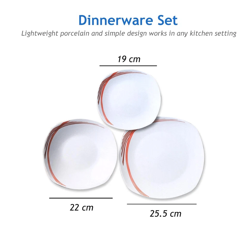 12-pc Dinner Set White Soup Dessert Plates Red Lines Semi Square Four Servings - Image 3 of 4