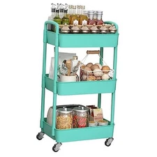  3-Tier Plastic Rolling Utility Cart with Handle, Multi-Functional 3-tier Green