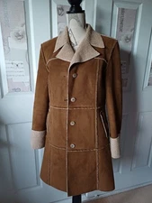 Gorgeous Tan Brown Shearling Suede Style Mid Length Coat 8 10 S