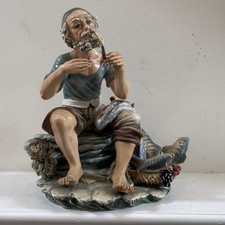 Rare CAPODIMONTE FISHERMAN Smoking Pipe Porcelain 10.25” ITALY Statue FLAW