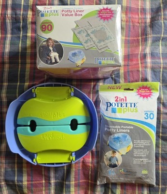 LOT:USED Potette plus travel potty& Potette plus NEW unopened liners 90&30 packs