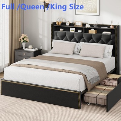 Full Queen King Size Velvet Upholstered Bed Frame Platform w/ 4 Storage Drawers