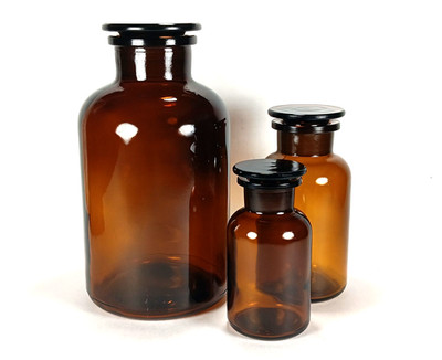 Restoration Hardware Apothecary Jars Amber Glass Pharmacy Bottles 3 w/Lids Czech