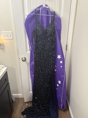 Sherri Hill Navy Slot Dress Size 14 Prom Formal Gown Sequins Coming Off