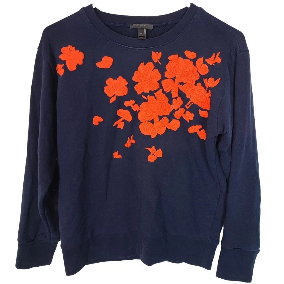 J. Sudadera Crew Mujer XS Azul Marino Naranja Bordada Floral Manga Larga Foto 2 de 4