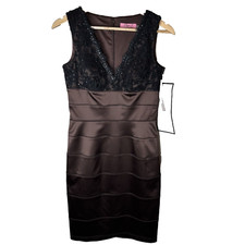 Eliza J Dress Size 4 Brown Beaded Sleeveless V neck Cocktail Lace Pleated