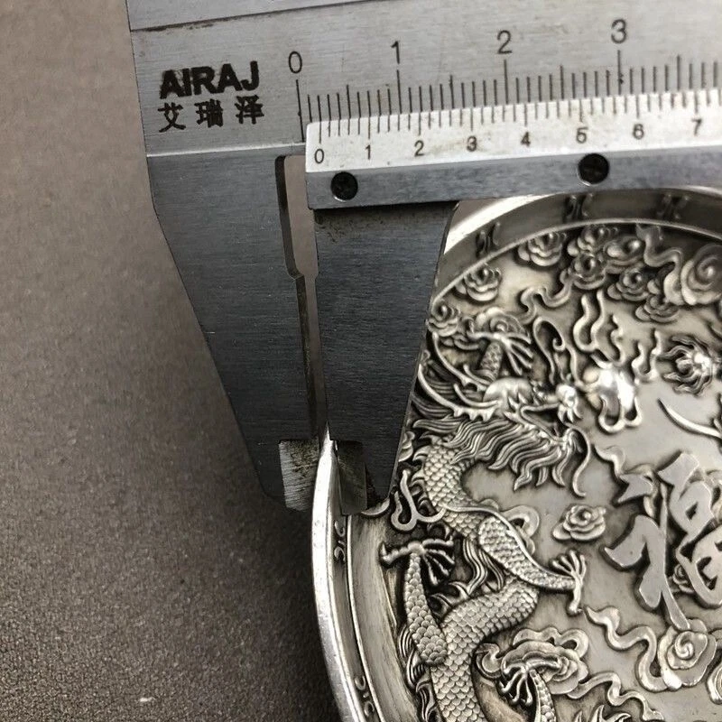 Tíbet chino plata tallada a mano dragón fénix suerte bendición plato mesa decoración Foto 2 de 4