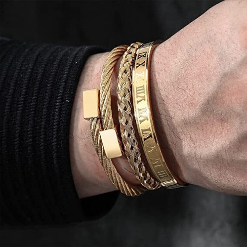 3Pcs Luxury Roman Royal Crown Men Banle Stainless Steel Pulseiras Open Bracelets - Picture 2 of 13