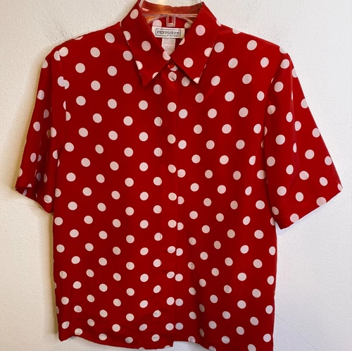 Vtg. IMPRESSIONS CALIFORNIA Hidden Button Short Sleeve Blouse Polka Dot MEDIUM