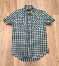 Western Rock Roll Cowboy Mens Blue Plaid Short Sleeve Pearl Snap Button Shirt