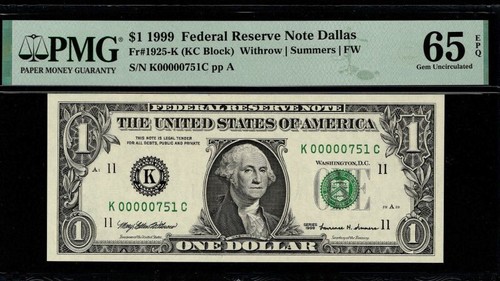1999 $1 Federal Reserve Note Low 3 digit Serial Number Dallas K00000751C PMG65 - Picture 4 of 4