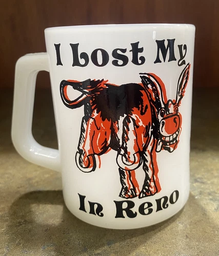 Vintage Reno FEDERAL White Milk Glass Coffee Cup Mug Red & Black ~ MCM Retro