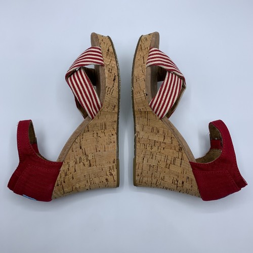 Toms Womens University Red Striped Cork Wedge Heels Strappy Sandal Size US 9.5W - Picture 5 of 9