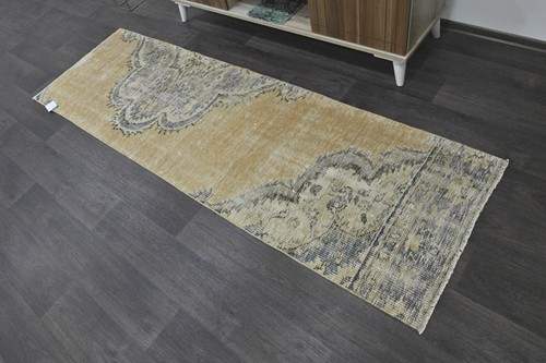 Vintage Turkish Runner Rug 2x7ft YELLOW Handmade Anatolian Oushak Hallway Wool