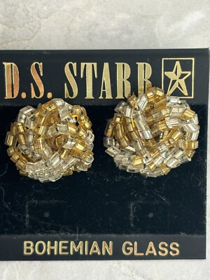 Vintage New D S Starr Bohemian Glass Gold Tone Round Studs Pierced Earrings