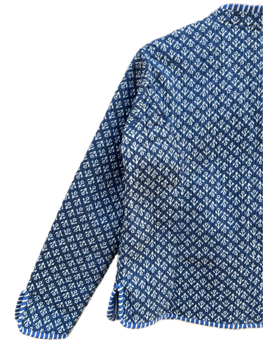 Giacca unisex a blocco a mano blu indiano floreale cotone trapuntato donna giacca abbigliamento - Foto 2 di 4