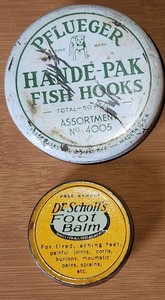 PFLUEGER Hande-Pak Fish Hooks Tin #4005 Dr Scholls Foot Balm Free Sample Tin