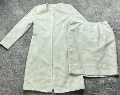 Calvin Klein Skirt Suit Womens 8 White Bouclé Long Jacket 2 Piece Career Set