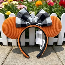 Disney- Parks Halloween Orange Corduroy Minnie Mickey Mouse Ears Bow Headband