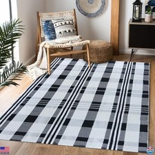 Stylish Black  White Plaid 4'x6' Hand-Woven Cotton Area Rug for Indoor/Outdoor