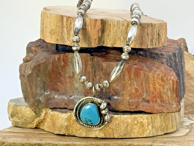 Vintage Navajo Sterling Beaded 22'' Necklace w/Turquoise Pendant Signed--1270.26
