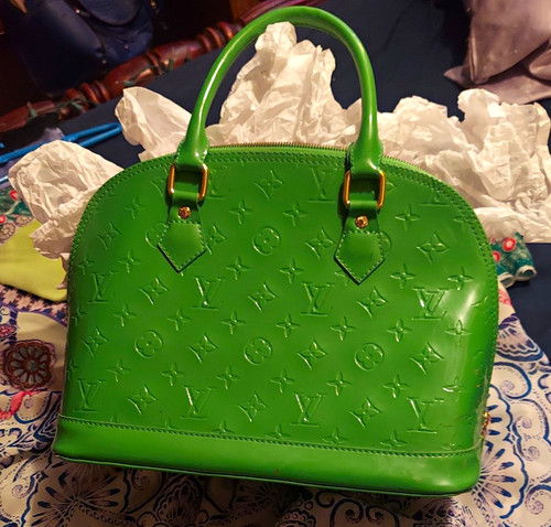Louis Vuitton Green Monogram Embossed Logo Alma Top Handle Satchel Zip Gold