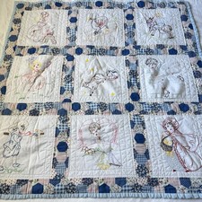 Vintage Embroidered Nursery Quilt Baby Blanket 38x38 Fleece Back Storybook