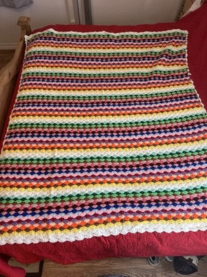 Vintage Handmade 5.5  X 5  Crocheted Afghan Blanket, Colorful Striped Pattern