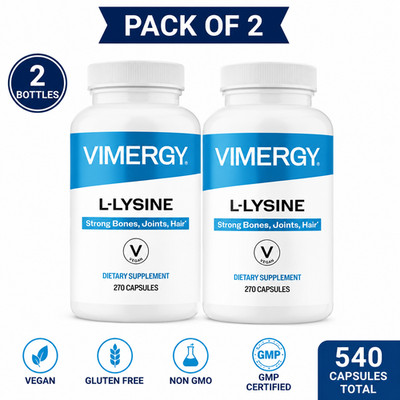 Vimergy US L-Lysine 270 Capsules Pack of 2 Vegan Amino Acid Dietary Supplement
