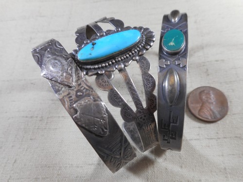Collection of 3 FRED HARVEY era silver & turquoise tourist bracelets