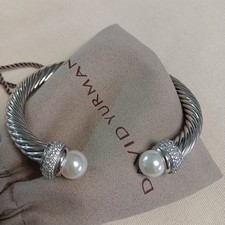 David Yurman 925 Sterling Silver Pearl Twisted Wire Bangle Bracelet M
