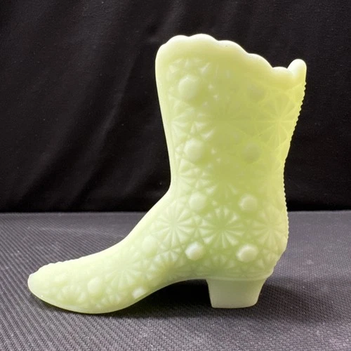 Fenton Art Glass Vaseline Slipper Shoes Boot Daisy Button, Uranium, Vintage