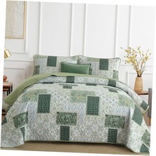 Patchwork Quilt Set King Size 3 Pieces Plaid Floral King 104"x 90" Green