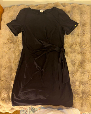 DKNY Black Sheath Dress Womens S Short Sleeve Tie Waist Round Neck Knee