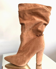 Beige Knee High Slouchy Boots Block Heel Pointed Toe US 10