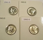 LOT OF 4 BU MERCURY DIMES 1941-D 1942-D 1943-D 1945-D 0.289 oz SILVER 10c