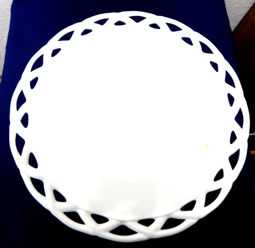 VINTAGE PITMAN DREITZER * MILK GLASS 14" PEDESTAL CAKE STAND * LACE EDGE