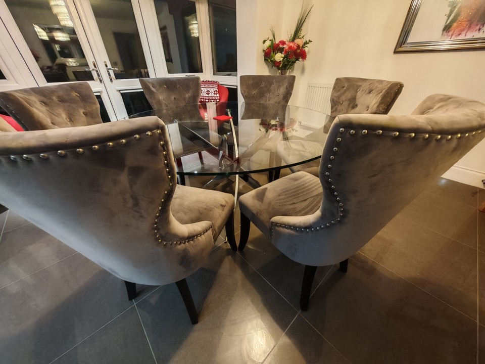 Dining table and chairs, Glass table, Dining Chairs, Round Glass Table