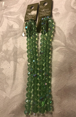 Lot Of 2 Bead Landing 12  Bead Strands- Light Green 8mm X 10mm Faceted  Glass
