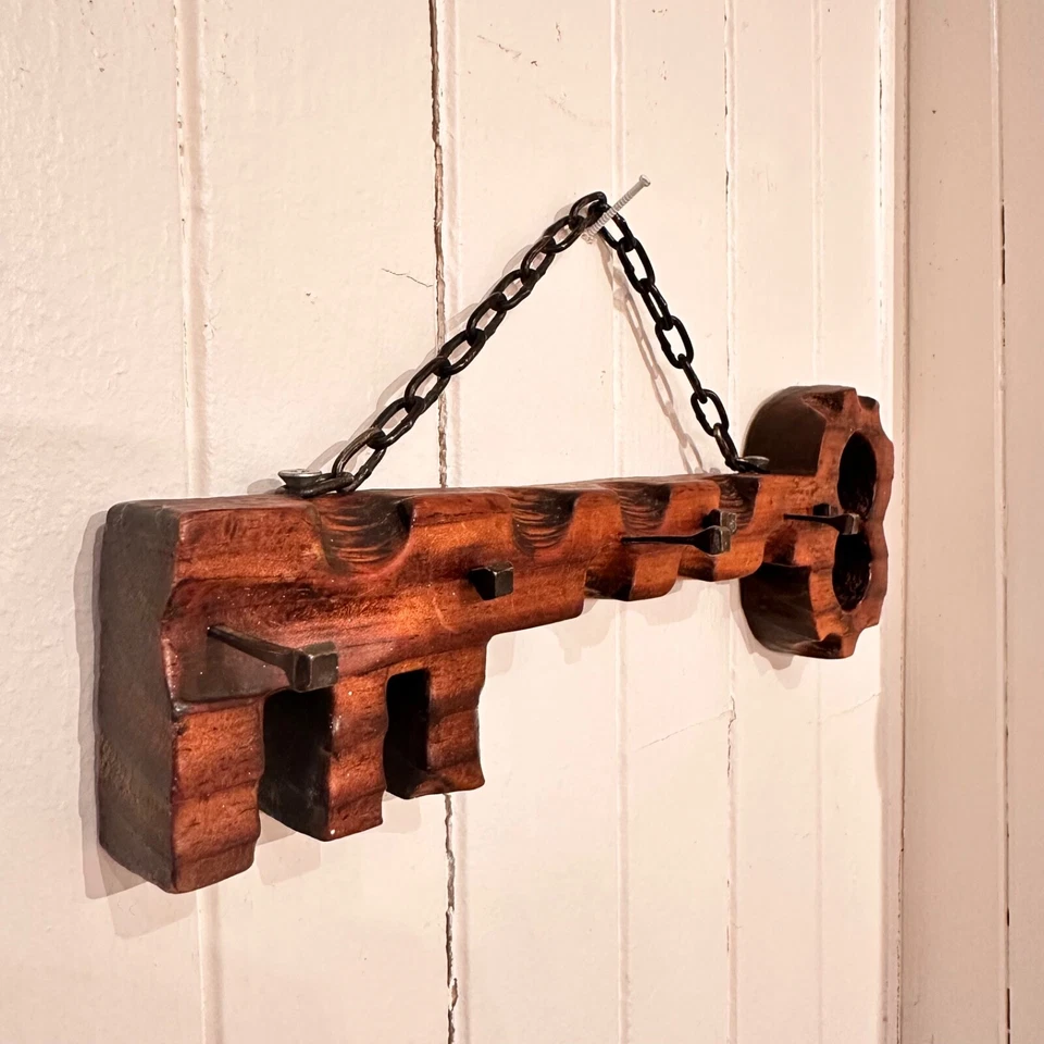 Vintage Wooden Key Holder - Unique Hand-Carved Key Rack with Metal Accents - Image 4 of 4